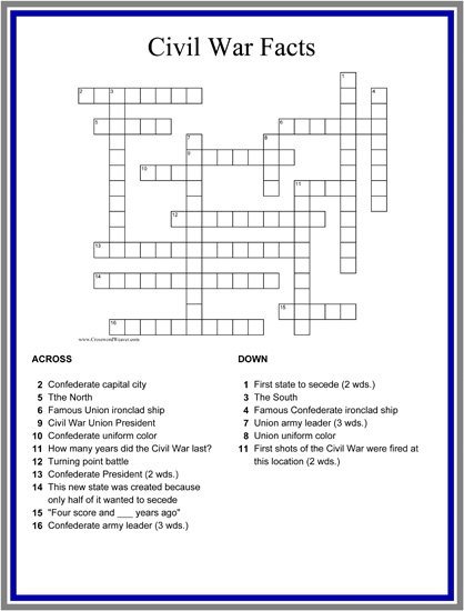  Games on Civil War Crossword Download Pdf Version 2011 Copyright