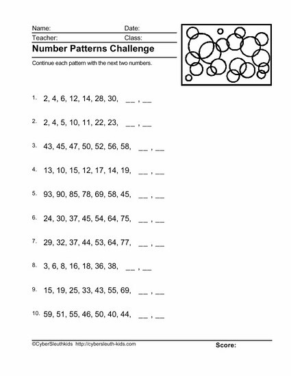 Math Worksheets - Number Patterns - CyberSleuth Kids.com :Student